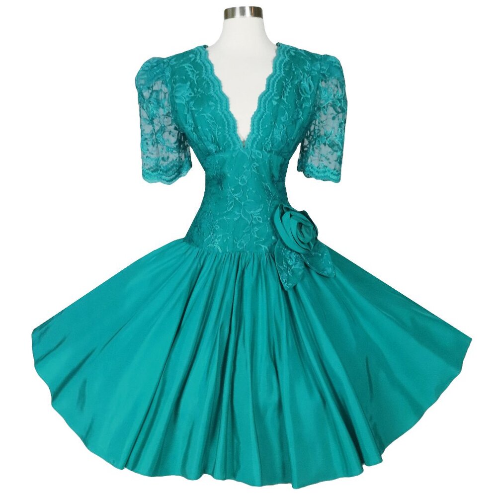 Vintage 80s Teal Blue Green Lace Taffeta Full Circle Skirt Prom Party Dress S